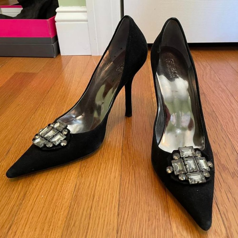 GUESS Black Suede Heels with Jewels size 10